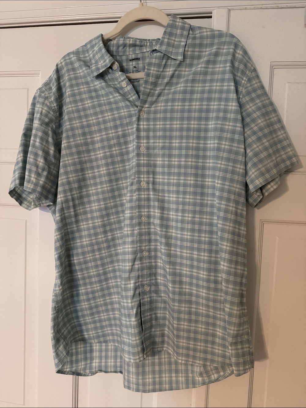 Sonoma Pale Blue Plaid Short-Sleeve Button-Down Shirt